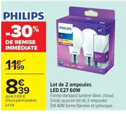 Carrefour Market PHILIPS Lot de 2 ampoules LED E27 60W offre