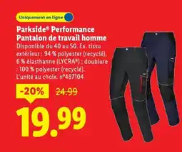 Lidl PARKSIDE Performance Pantalon de travail homme offre