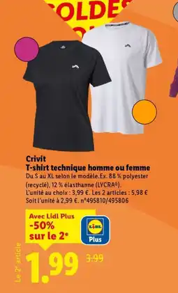 Lidl CRIVIT T-shirt technique homme ou femme offre