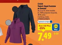Lidl CRIVIT Sweat zippé homme et femme offre