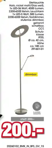 Möbel Martin Stehleuchte Halo, nickel matt/Glas weiß offre