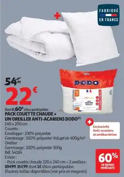 Auchan Pack couette chaude + un oreiller anti-acariens dodo offre
