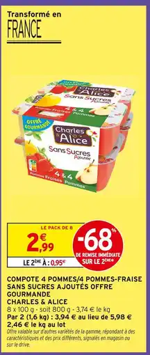 Intermarché Charles & alice compote 4 pommes/4 pommes-fraise sans sucres ajoutés offre gourmande offre