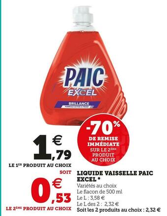 U Express Paic excel liquide vaisselle* offre