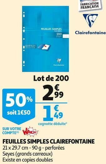 Auchan Clairefontaine feuilles simples offre