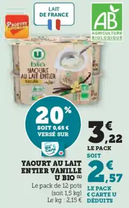 U Express Yaourt au lait entier vanille u bio offre