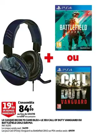 Auchan Le casque recon 70 camo bleu + le jeu call of duty vanguard ou battlefield 2042 sur ps4 offre