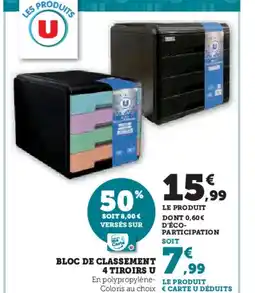 Hyper U Bloc de classement 4 tiroirs u offre