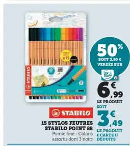 Hyper U STABILO 15 stylos feutres point 88 offre