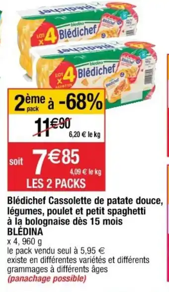 Cora x Carrefour Blédichef Cassolette de patate douce, légumes, poulet et petit spaghetti offre
