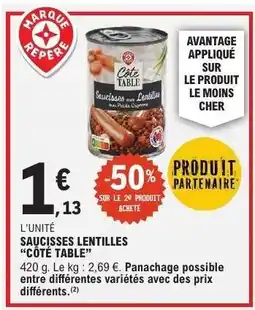 E.Leclerc SAUCISSES LENTILLES “CÔTÉ TABLE” offre