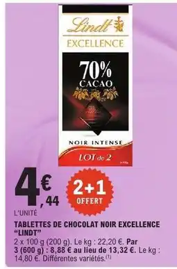 E.Leclerc TABLETTES DE CHOCOLAT NOIR EXCELLENCE “LINDT” offre