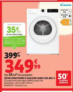 Auchan CANDY Sèche linge pompe à chaleur GDL-8N1-S offre