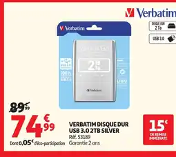 Auchan VERBATIM Disque dur usb 3.0 2tb silver offre