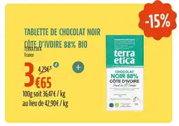 La Vie Claire TERRA ETICA Tablette de chocolat noir côte d'ivoire 88% bio offre
