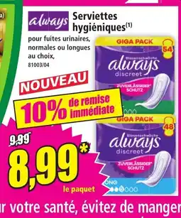 Norma ALWAY'S Serviettes hygiéniques offre