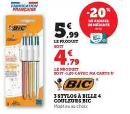 Super U 3 stylos à bille 4 couleurs bic offre