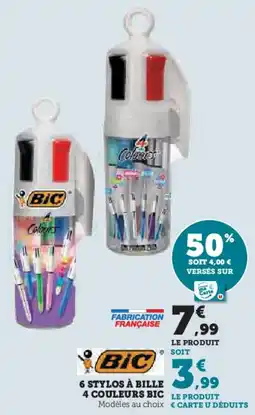 Super U 6 stylos à bille 4 couleurs bic offre