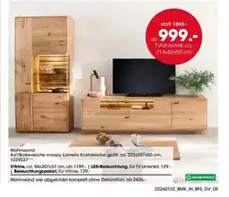 Möbel Martin Wohnwand Ast/Balkeneiche massiv, Lamelle Kristalleiche geölt, offre