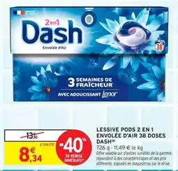 Intermarché Contact DASH Lessive pods 2 en 1 envolée d'air 38 doses offre