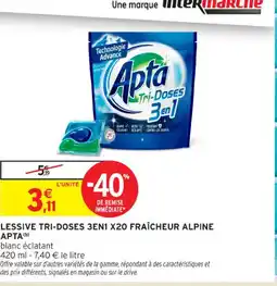 Intermarché Contact APTA Lessive tri-doses 3en1 x20 fraîcheur alpine offre