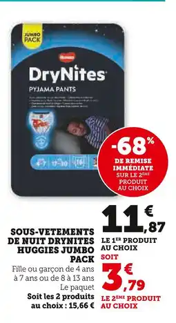 Super U Huggies sous-vêtements de nuit drynites jumbo pack offre