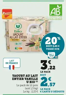 Super U U bio yaourt au lait entier vanille offre