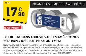 Barnier lot de 3 rubans adhésifs toiles américaines 3160 gris - rouleau de 50 mm x 25 m