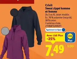 Lidl Crivit - sweat zippe homme et femme offre