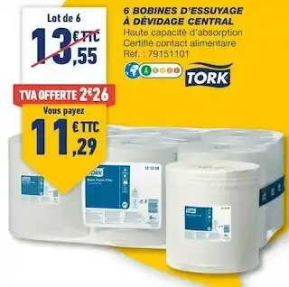 Bureau Vallée Tork 6 bobines d’essuyage à dévidage central offre