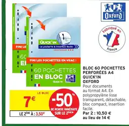 Intermarché OXFORD Bloc 60 pochettes perforées a4 quick'in offre