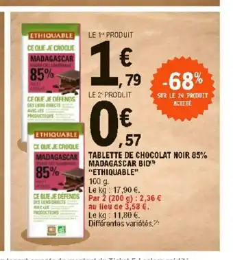 E.Leclerc Tablette De Chocolat Noir 85% Madagascar Bio"ethiquable" offre