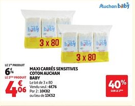 Auchan AUCHAN BABY Maxi carrés sensitives coton offre