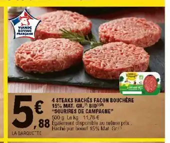 E.Leclerc 4 Steaks Hachè Facon Bouchère 15% Mat. Gr. Bio "Sourires De Campagne" offre