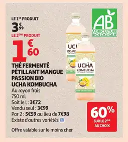 Auchan UCHA KOMBUCHA Thé fermenté pétillant mangue passion bio offre