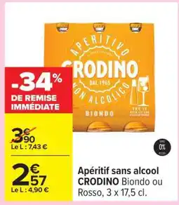 Carrefour Apéritif sans alcool CRODINO Biondo ou Rosso, 3 x 17,5 cl offre