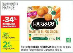 Carrefour Plat végétal Bio HARI&CO Boulettes de pois chiche Patate douce Curcuma, 180 g offre