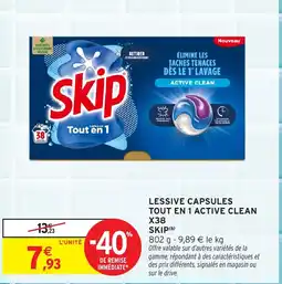 Intermarché Hyper Lessive capsules tout en 1 active clean x38 skip offre
