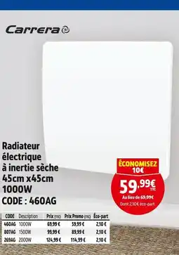 Screwfix Carrera radiateur électrique à inertie sèche 45cm x 45cm 1000w offre