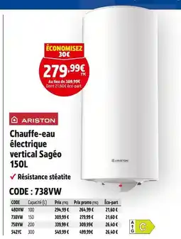 Screwfix Ariston chauffe-eau électrique vertical sagéo 150l offre