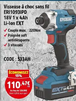 Screwfix Erbauer visseuse à choc sans fil eri1093ipd 18v li-ion ext offre