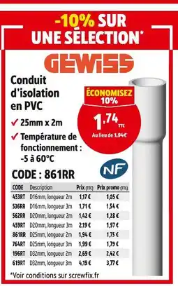 Screwfix Gewiss conduit d’isolation en pvc offre