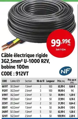 Screwfix Câble électrique rigide 3g2,5mm2 u-1000 r2v, bobine 100m offre