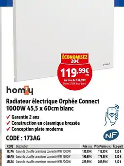 Screwfix Hom4y radiateur électrique orphée connect 1000w 45,5 x 60cm blanc offre