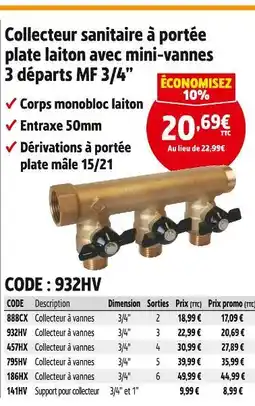 Screwfix Collecteur sanitaire à portée plate laiton avec mini-vannes 3 départs mf 3/4” offre