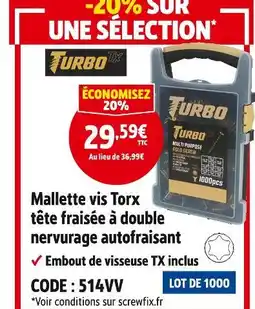 Screwfix Turbo mallette vis torx tête fraisée à double nervurage autofraisant offre