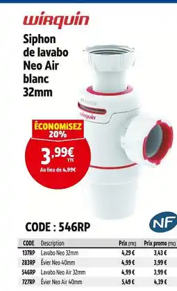 Screwfix Wirquin siphon de lavabo neo air blanc offre
