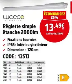 Screwfix Luceco réglette simple étanche 2000lm offre