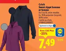 Lidl Crivit - sweat zippe homme et femme offre