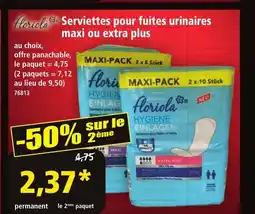 Norma FLORIOLA Serviettes pour fuites urinaires maxi ou extra plus offre